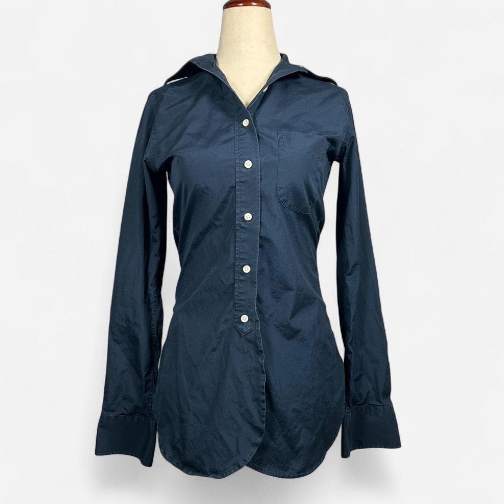 Ann Mashburn Navy Blue Cotton Button Up Long Sleeve Shirt Womens XS Business